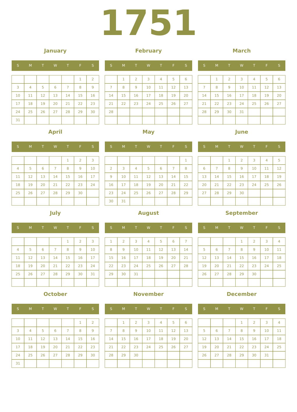 Printable 1751 Year Calendars eburnean