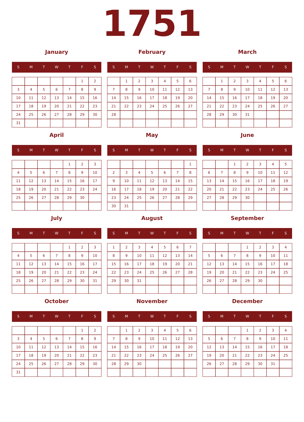 Printable 1751 Year Calendars falu