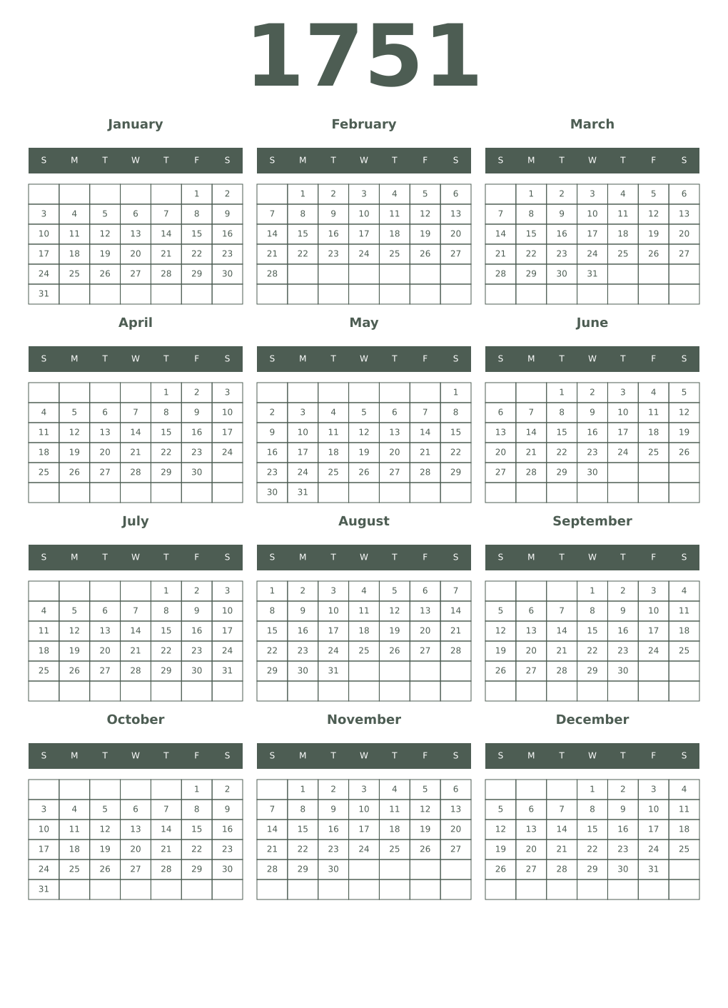 Printable 1751 Year Calendars feldgrau
