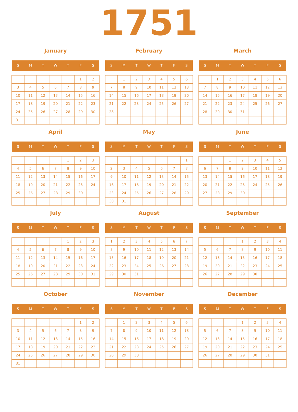Printable 1751 Year Calendars orange
