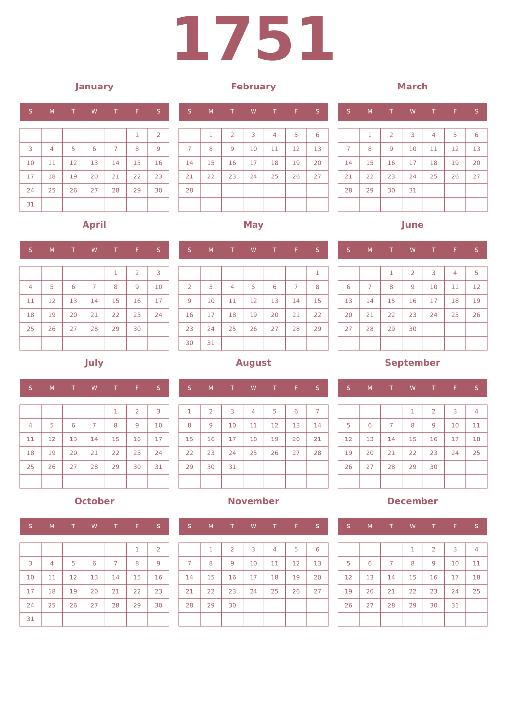Printable 1751 Year Calendars puce