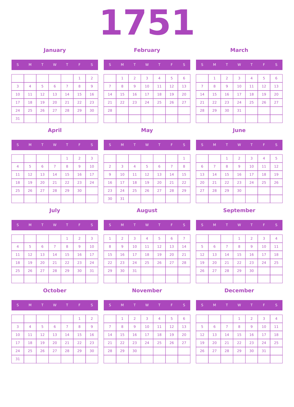Printable 1751 Year Calendars purple
