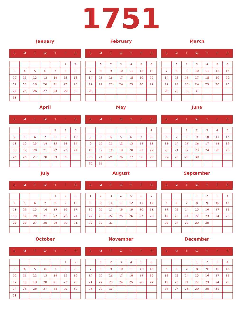 Printable 1751 Year Calendars red
