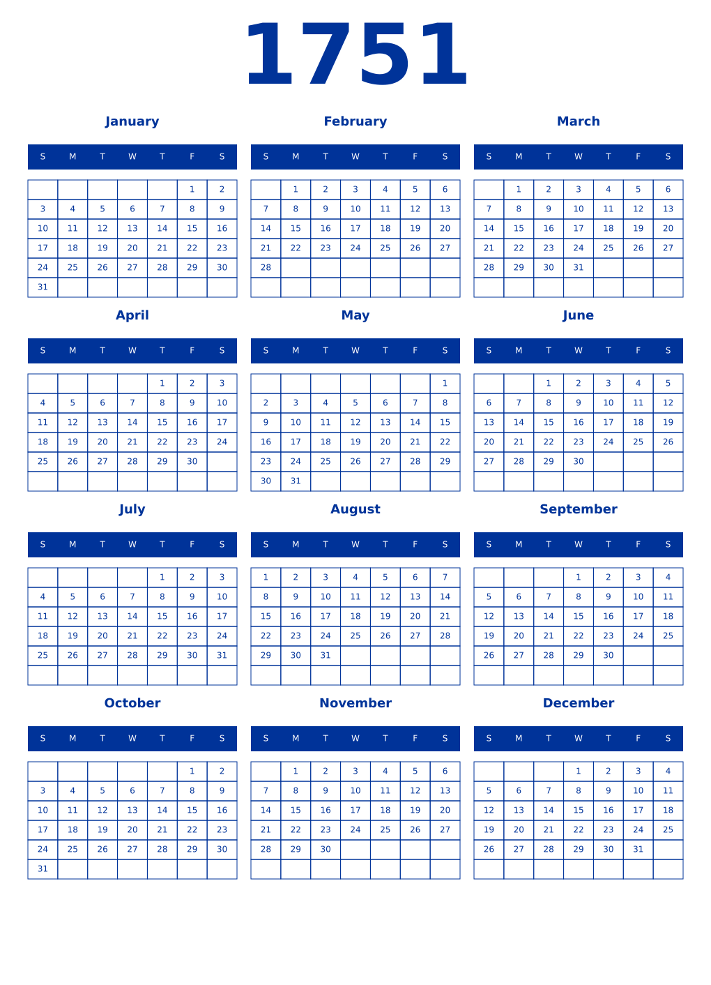 Printable 1751 Year Calendars smalt