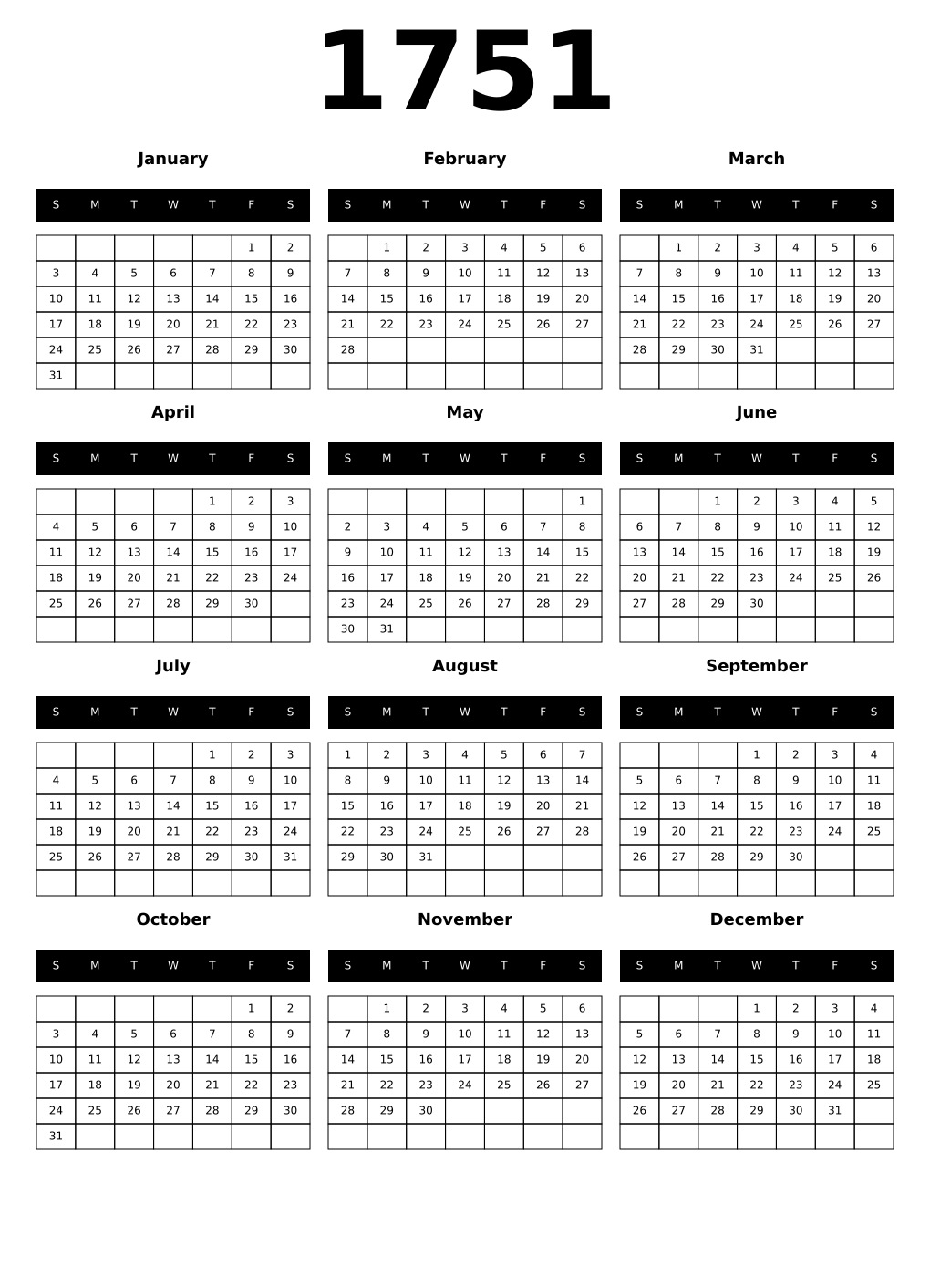 Printable 1751 Calendars