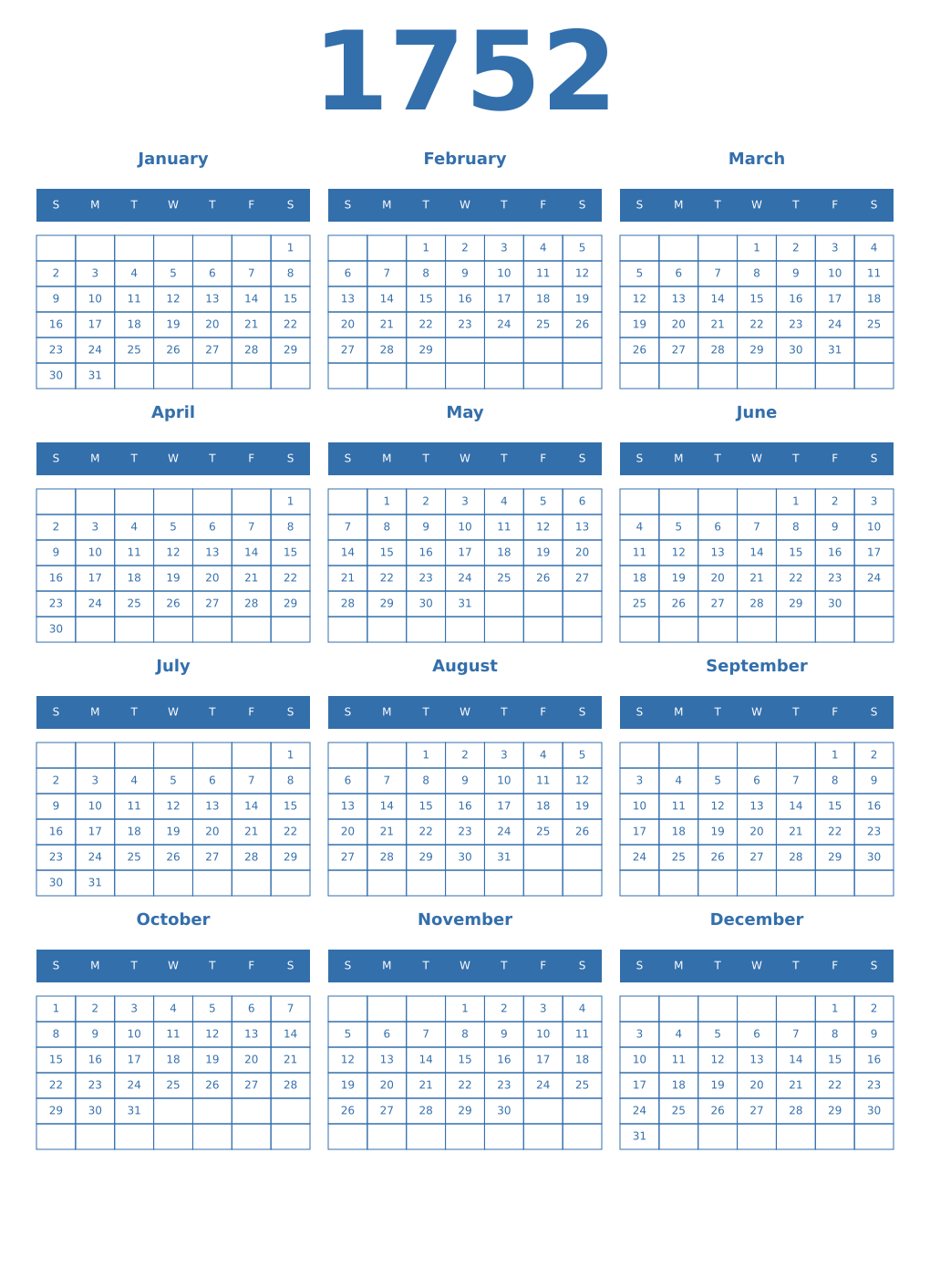 Printable 1752 Year Calendars blue