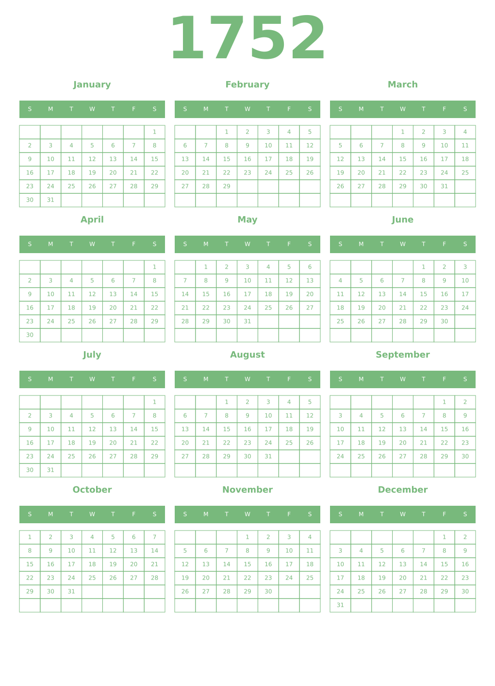 Printable 1752 Year Calendars celadon