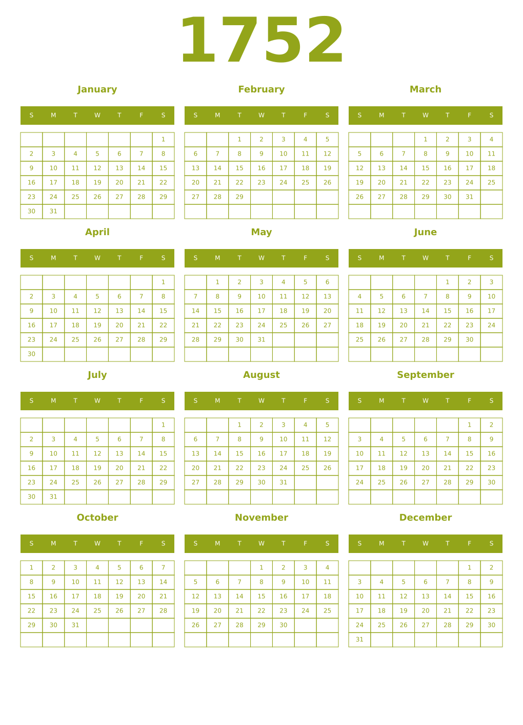Printable 1752 Year Calendars chartreuse