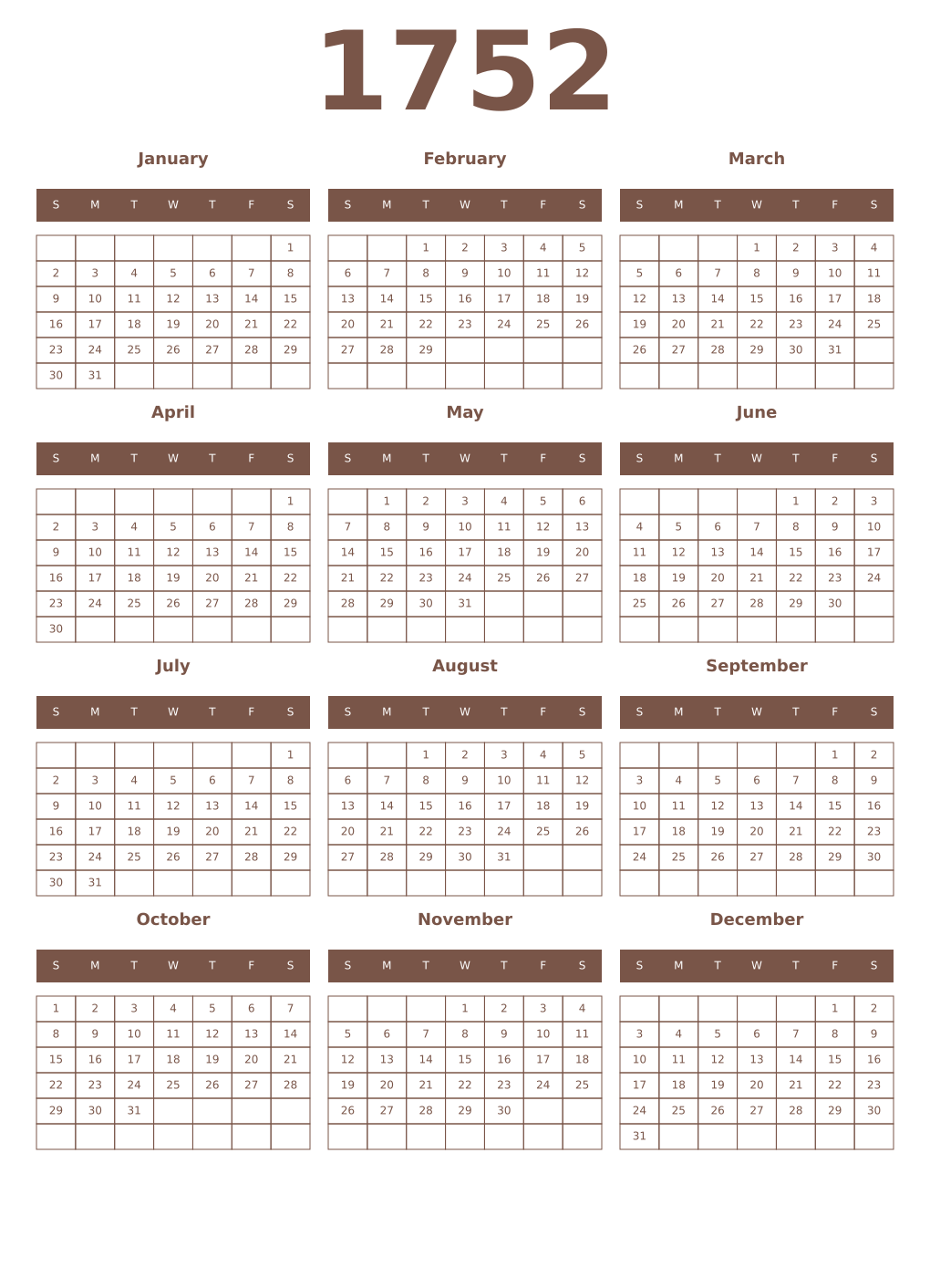 Printable 1752 Year Calendars coffe