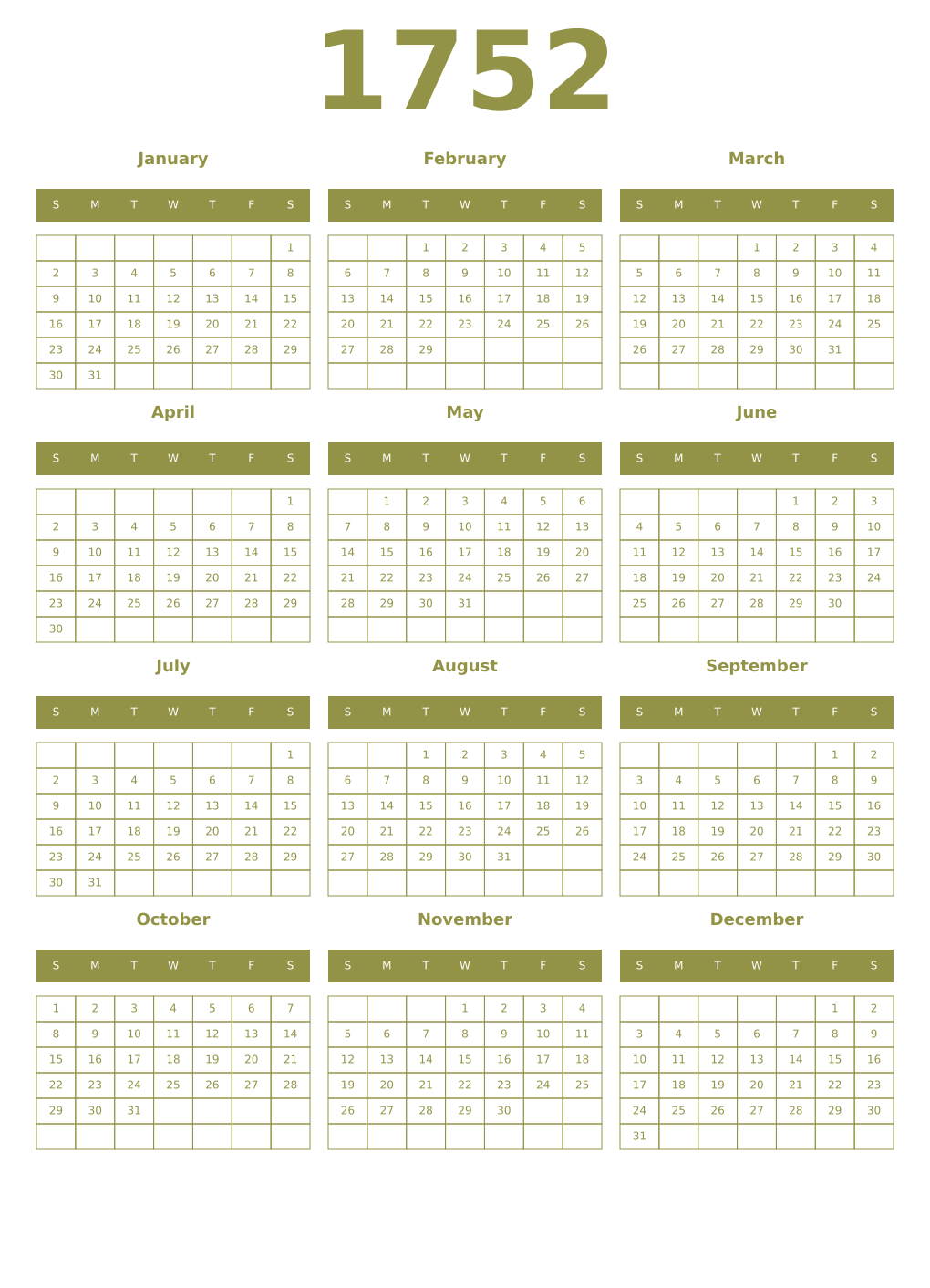 Printable 1752 Year Calendars eburnean