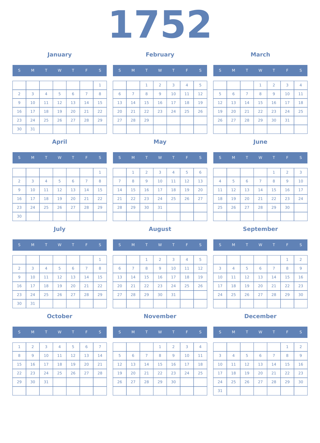 Printable 1752 Year Calendars glaucous
