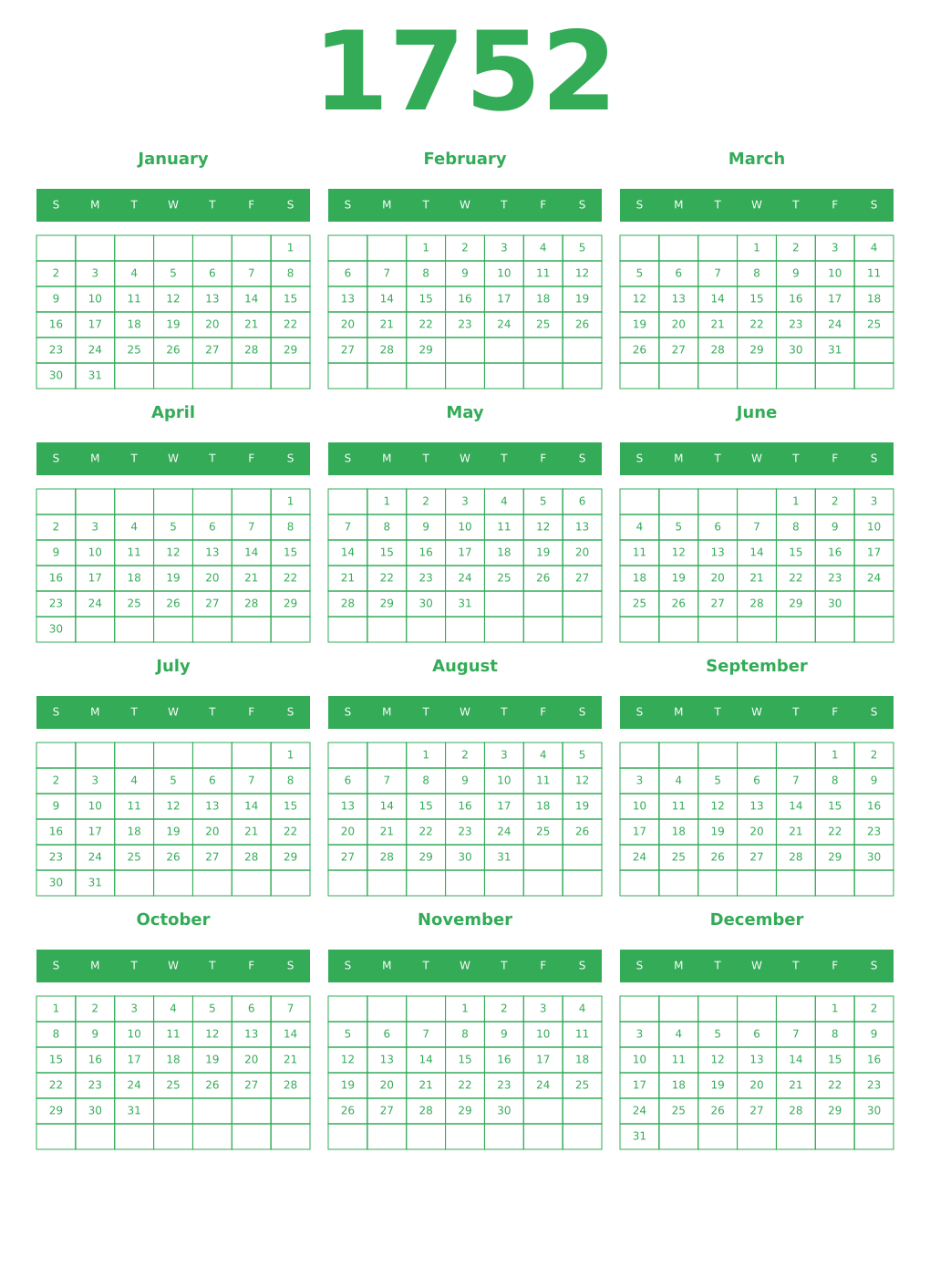Printable 1752 Year Calendars green