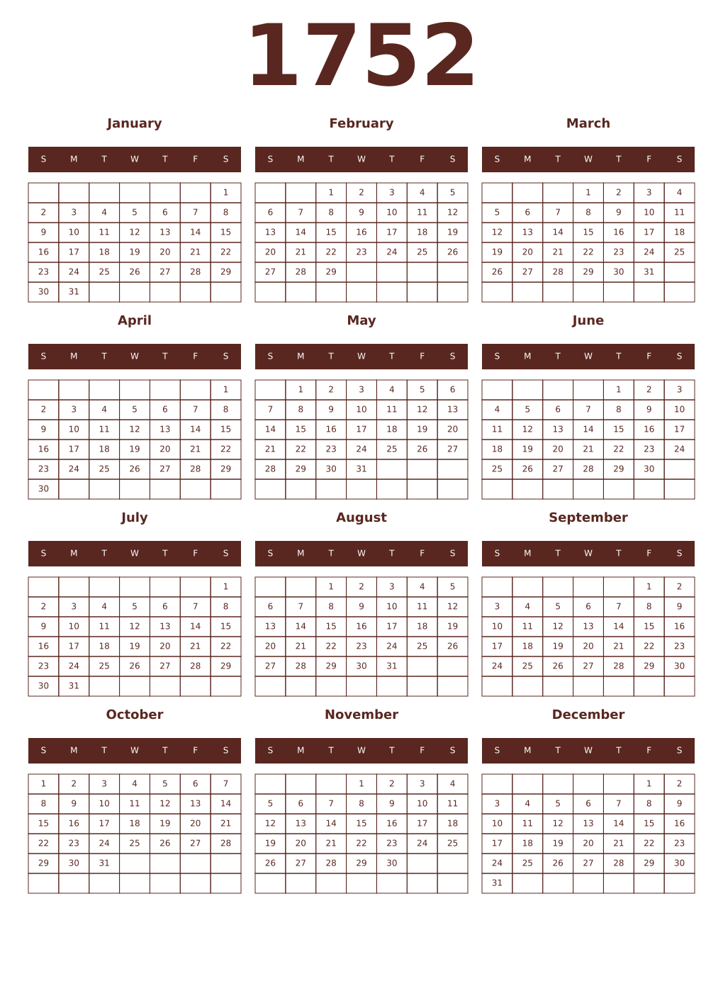 Printable 1752 Year Calendars mortuum
