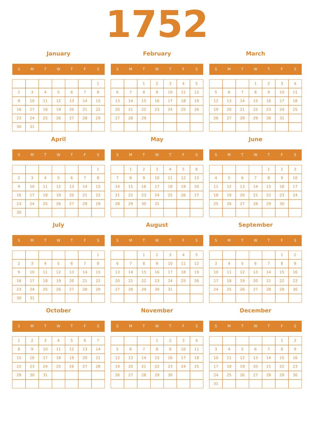 Printable 1752 Year Calendars orange