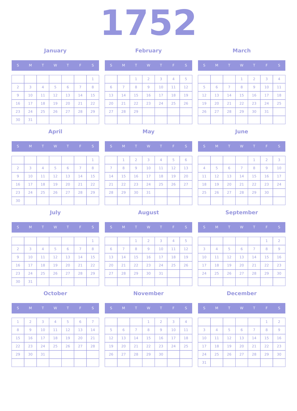 Printable 1752 Year Calendars periwinkle