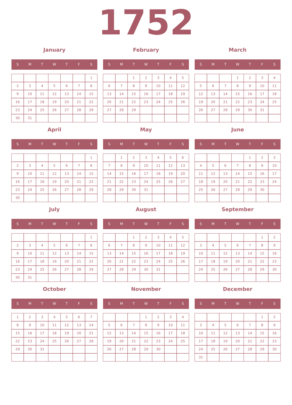 Printable 1752 Year Calendars puce