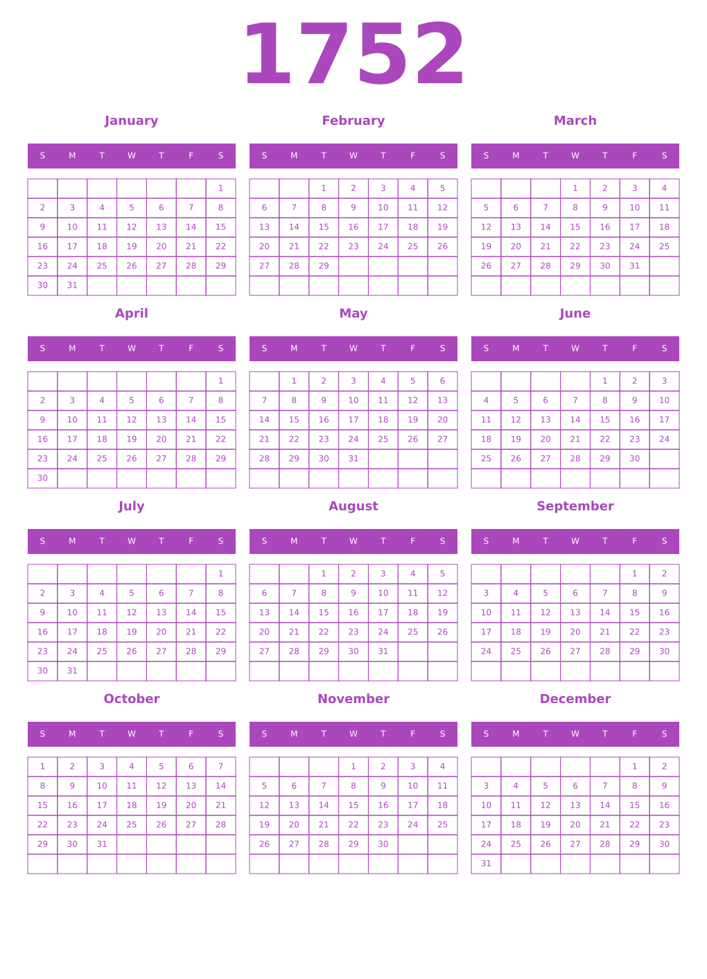 Printable 1752 Year Calendars purple
