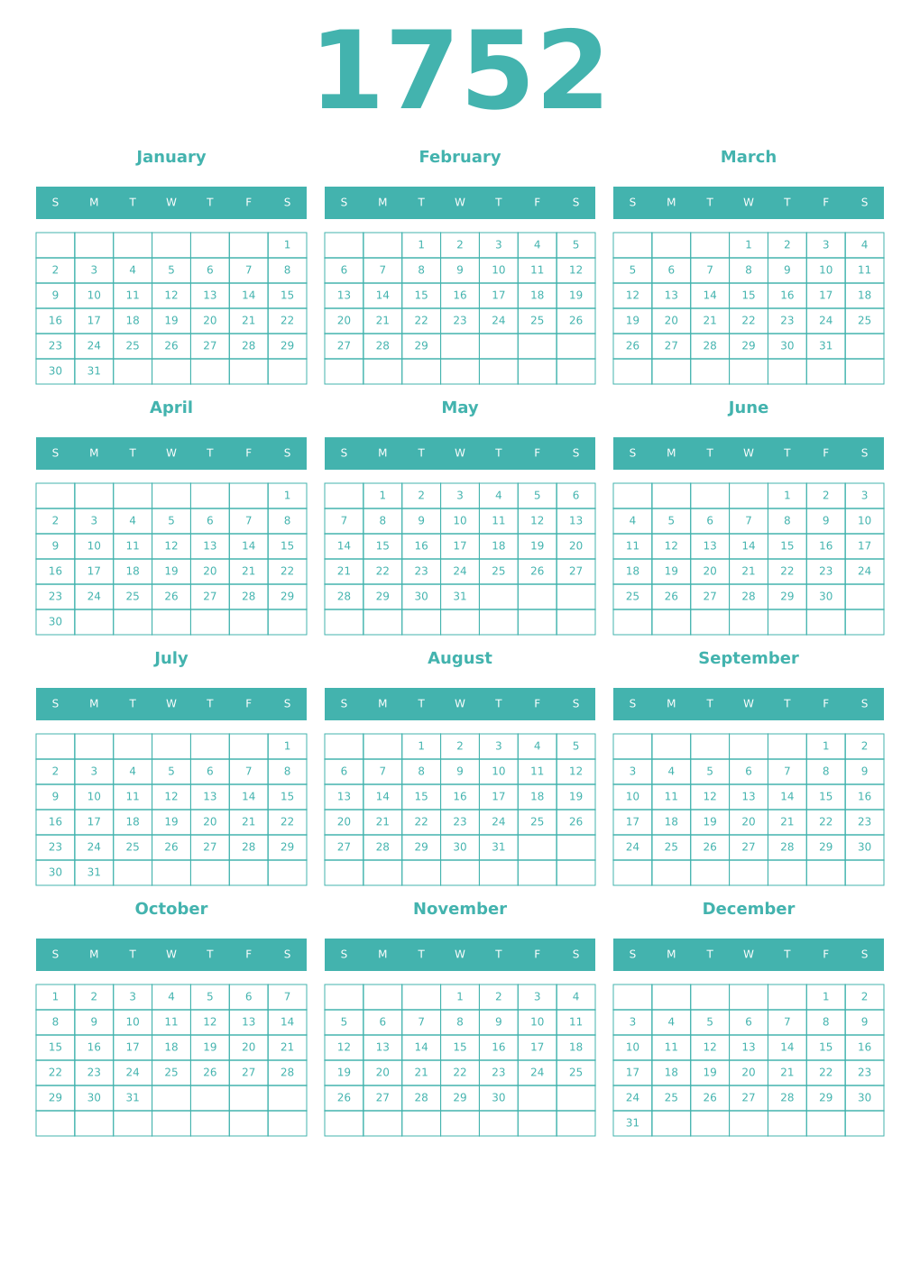 Printable 1752 Year Calendars verdigris