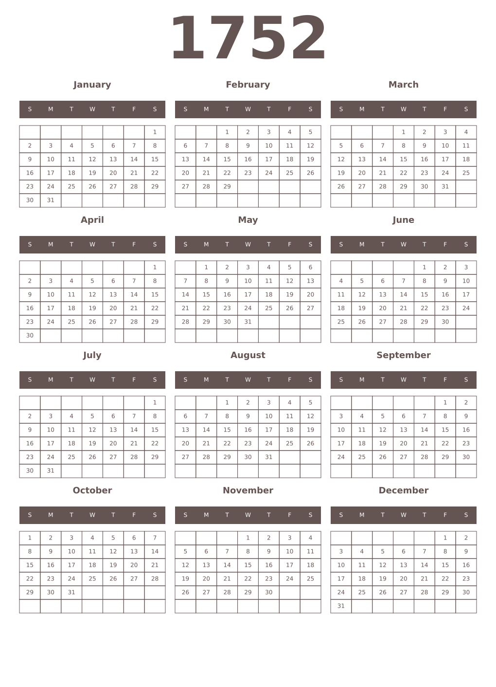 Printable 1752 Year Calendars wenge