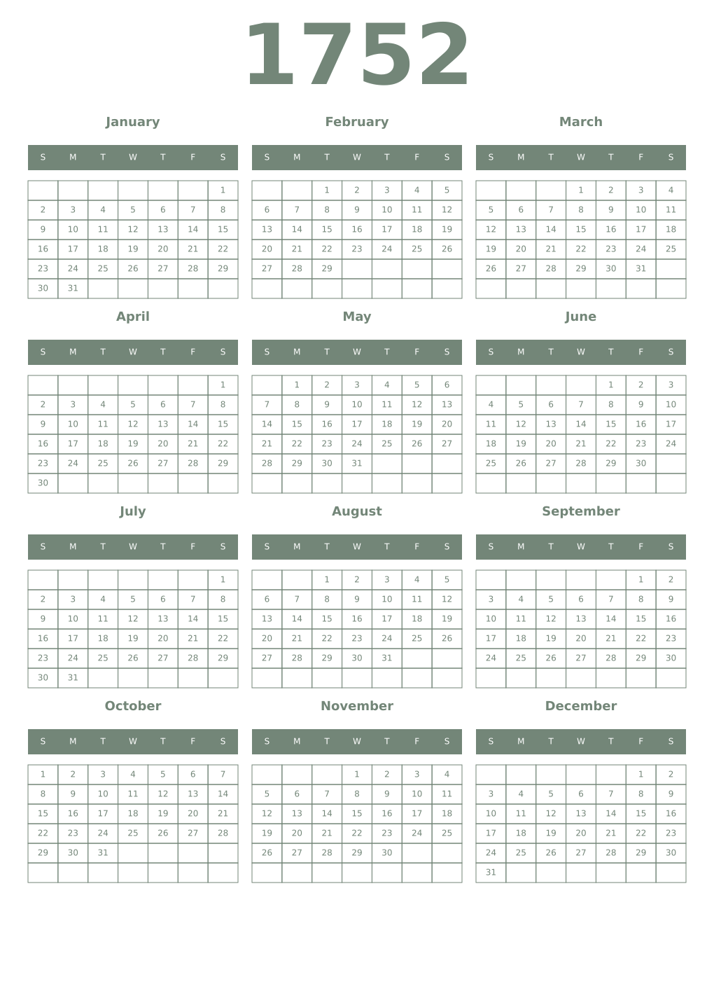 Printable 1752 Year Calendars xanadu