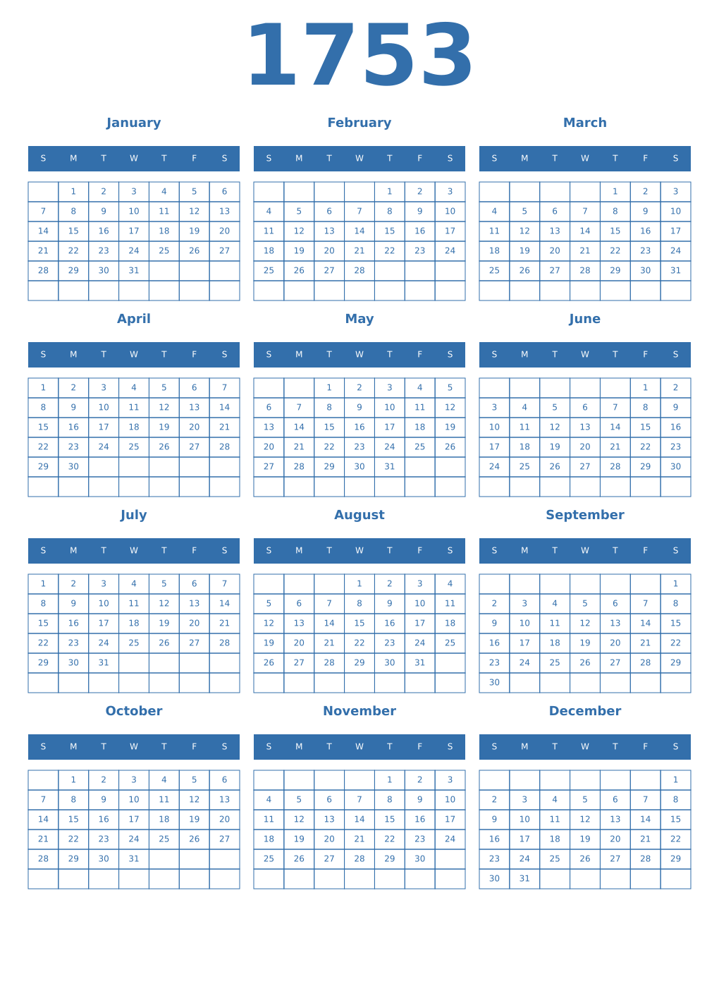 Printable 1753 Year Calendars blue
