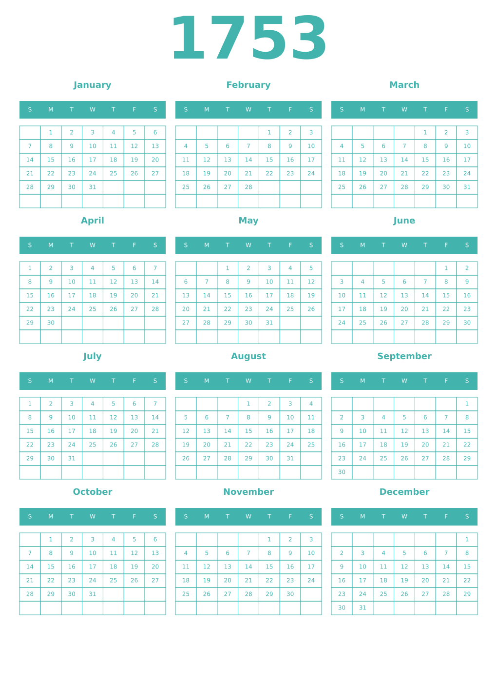 Printable 1753 Year Calendars verdigris