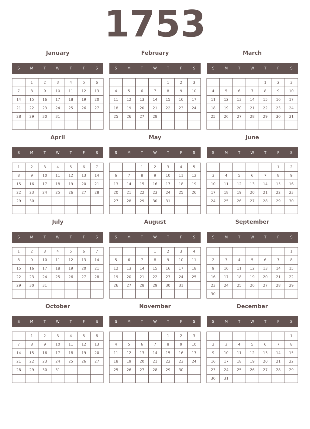 Printable 1753 Year Calendars wenge