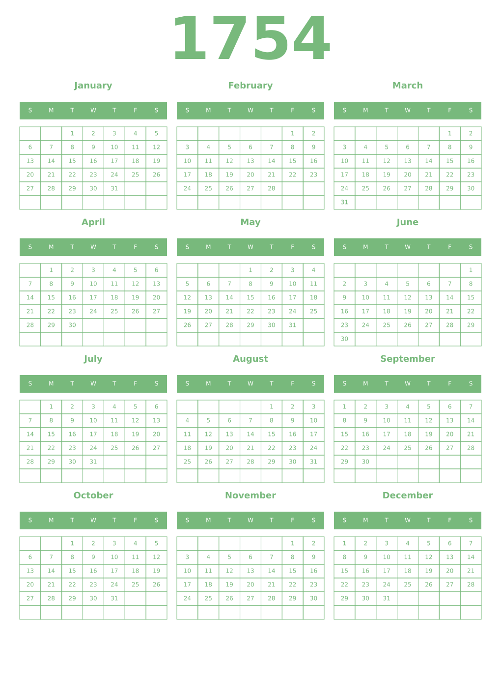 Printable 1754 Year Calendars celadon