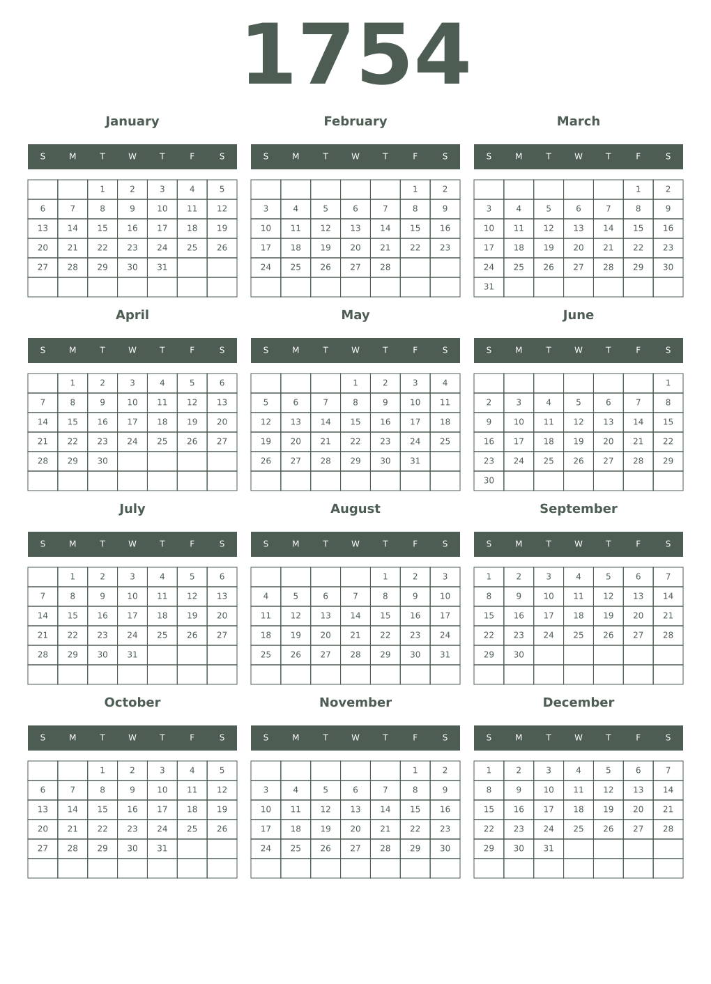 Printable 1754 Year Calendars feldgrau