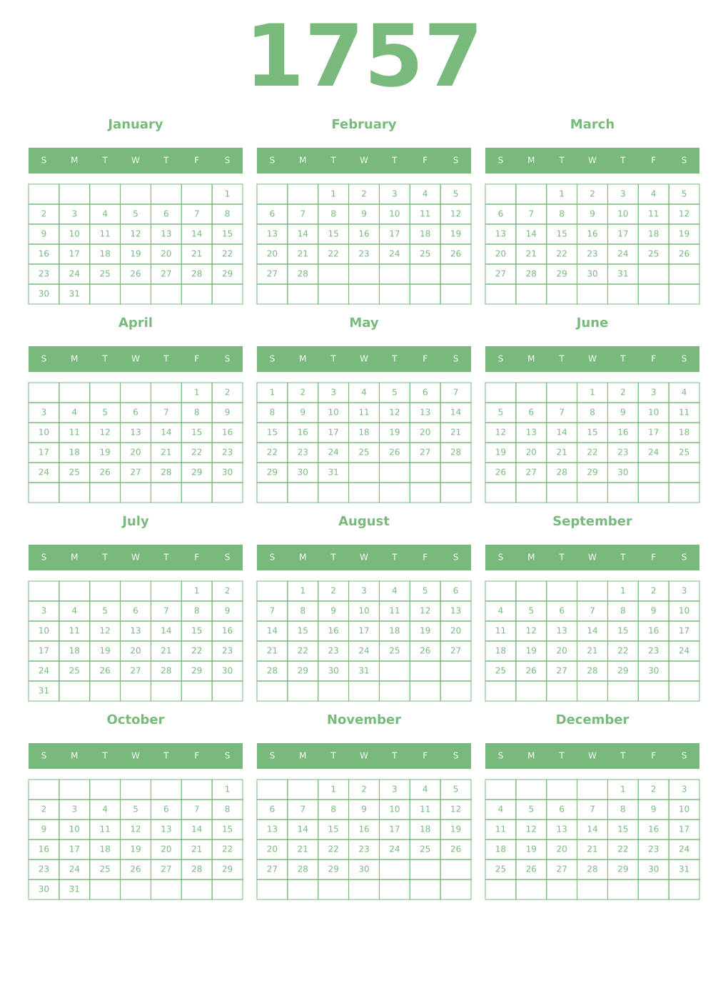 Printable 1757 Year Calendars celadon