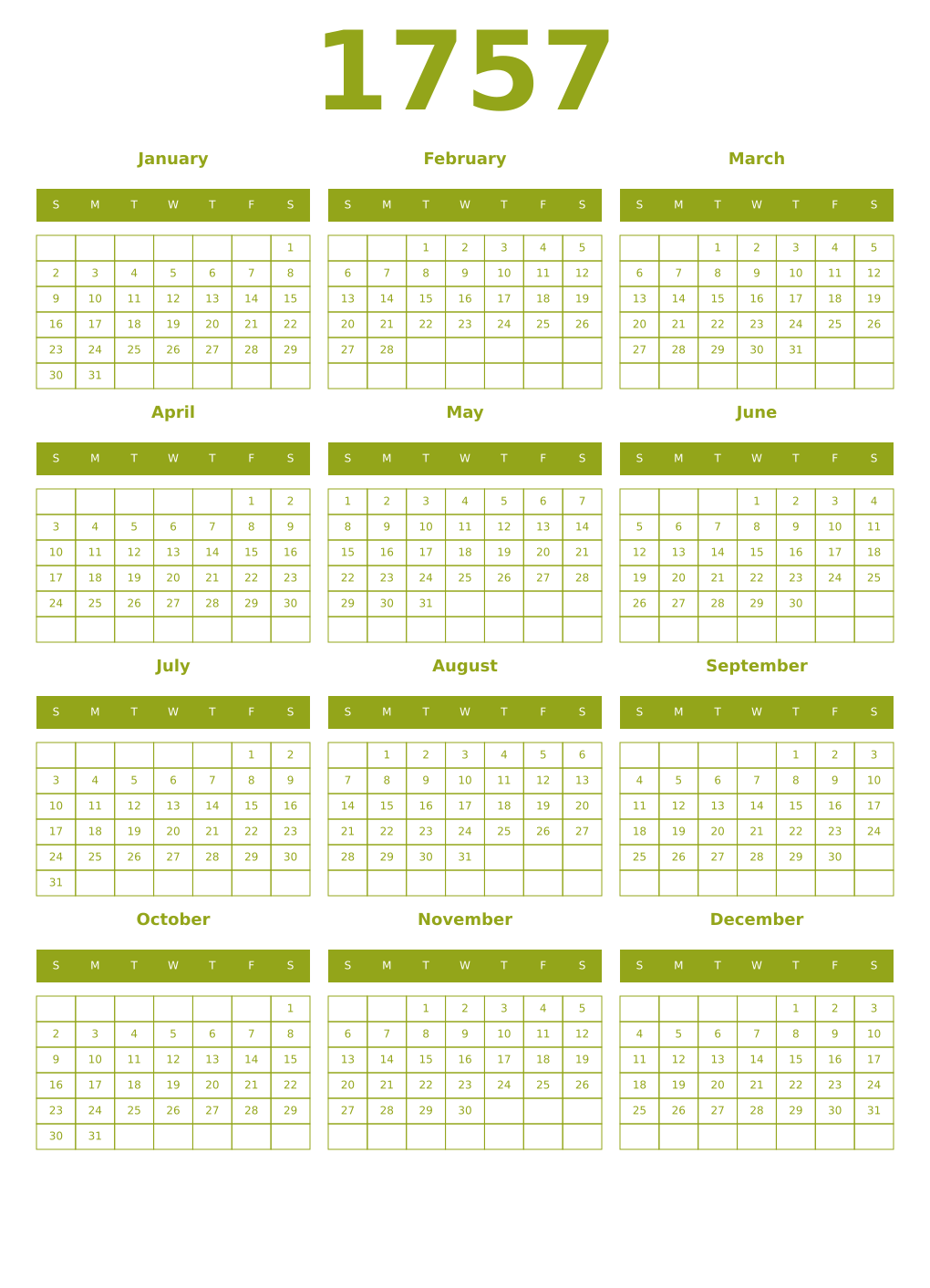 Printable 1757 Year Calendars chartreuse