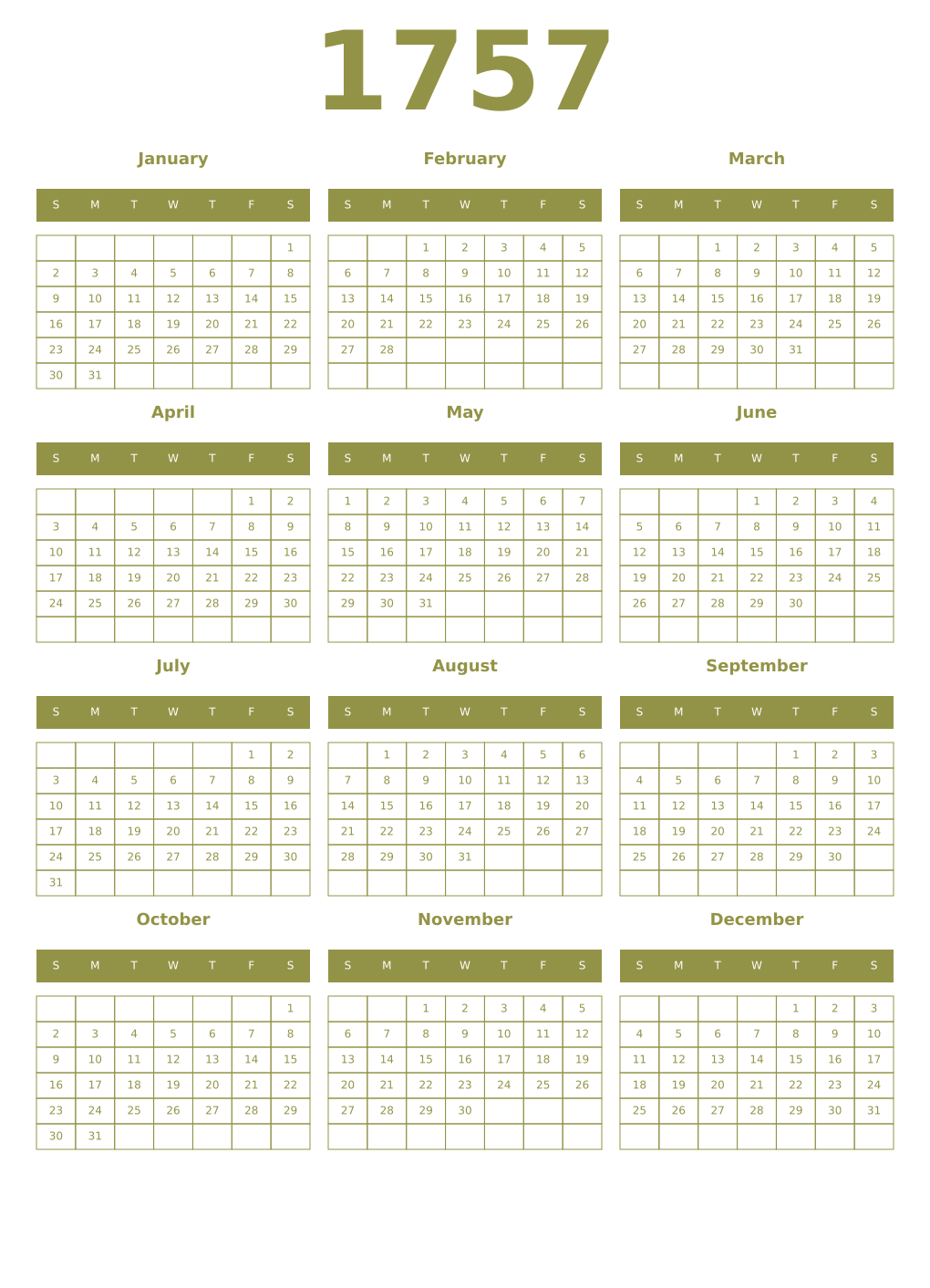 Printable 1757 Year Calendars eburnean