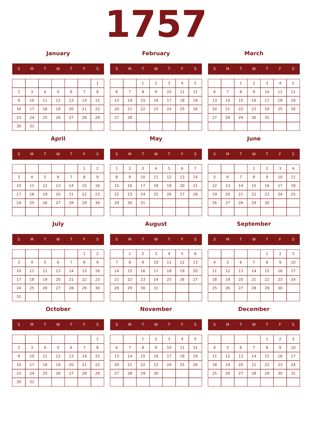 Printable 1757 Year Calendars falu
