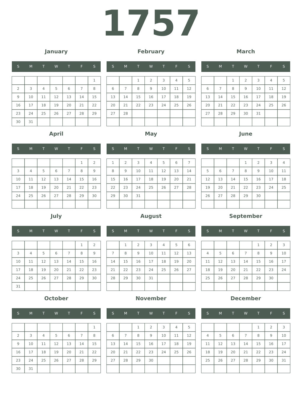 Printable 1757 Year Calendars feldgrau