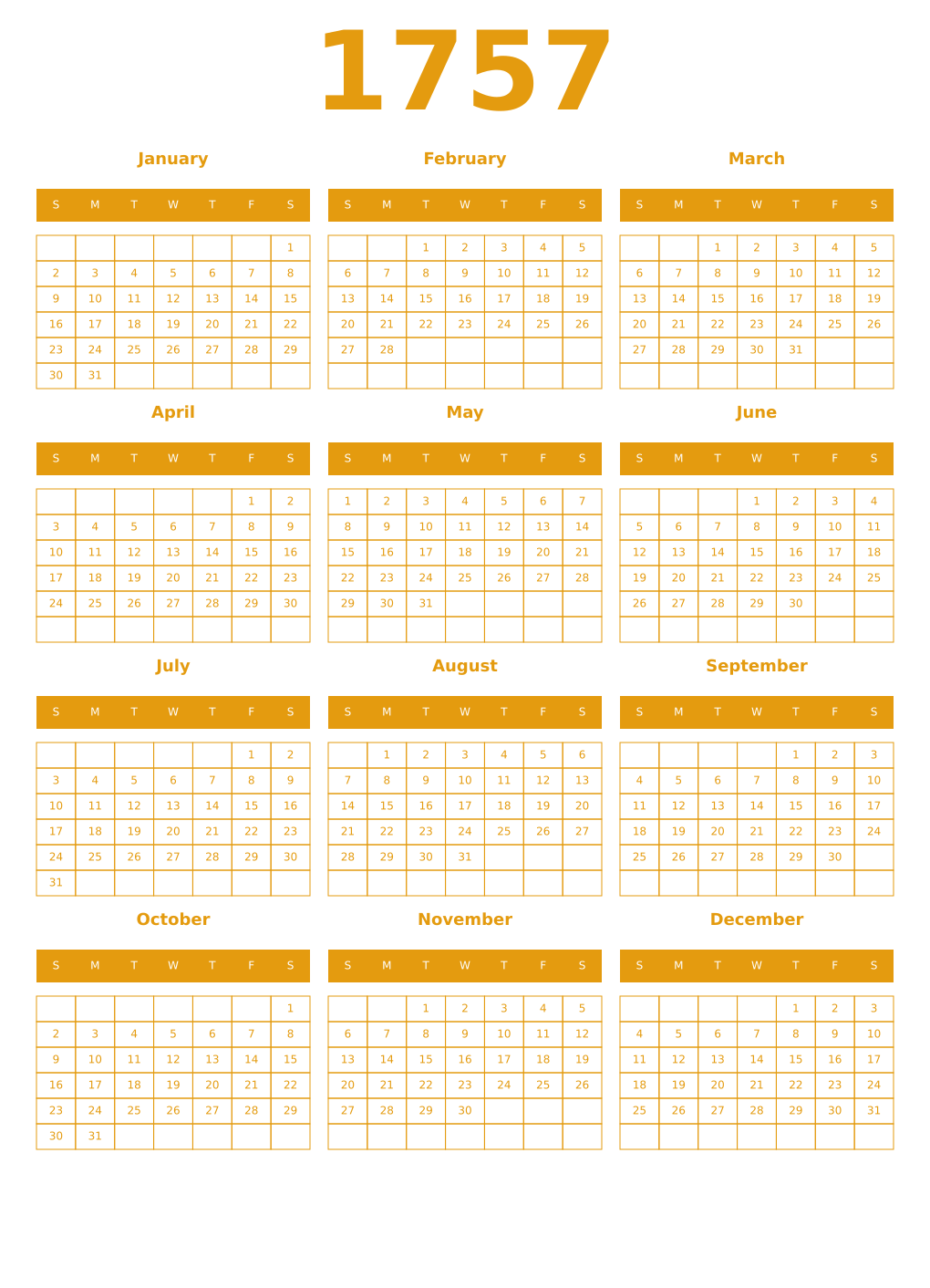 Printable 1757 Year Calendars gamboge