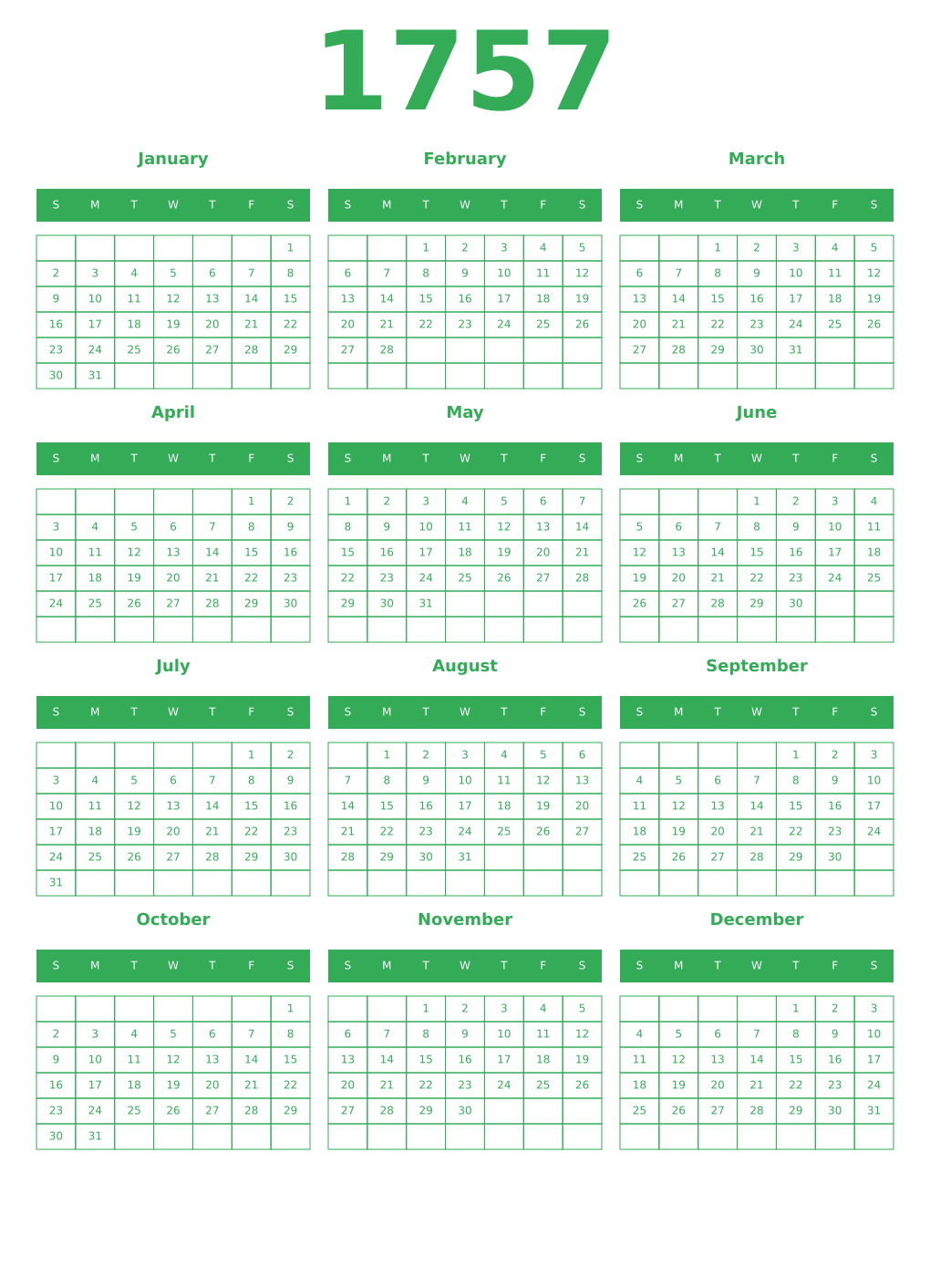Printable 1757 Year Calendars green