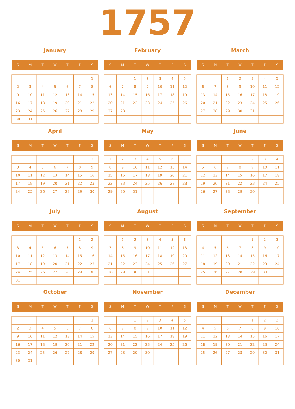 Printable 1757 Year Calendars orange