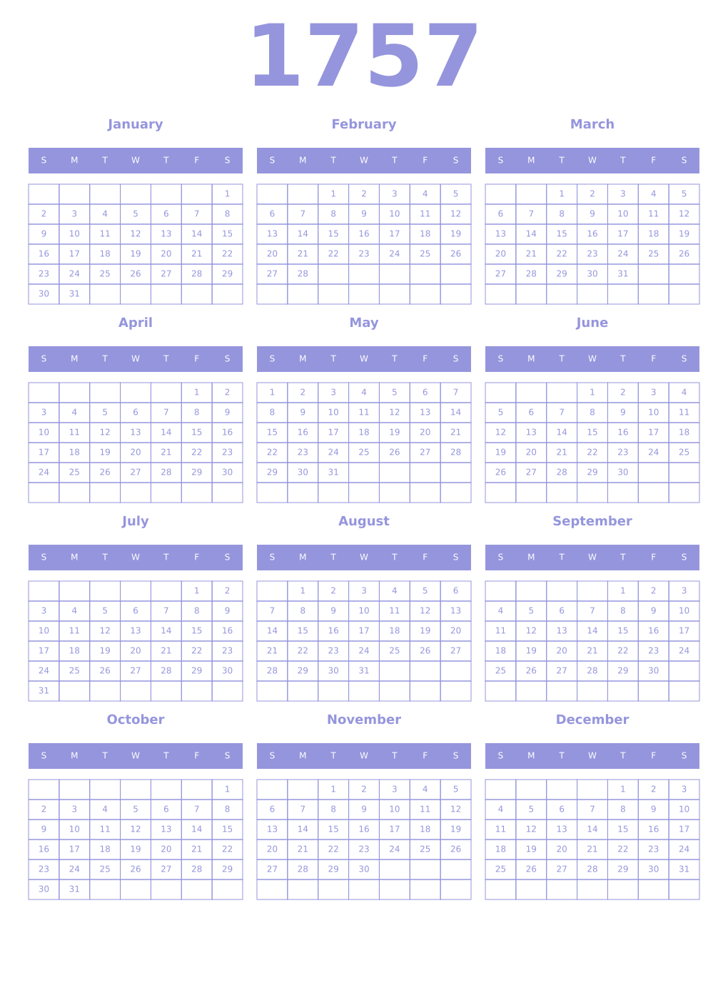 Printable 1757 Year Calendars periwinkle