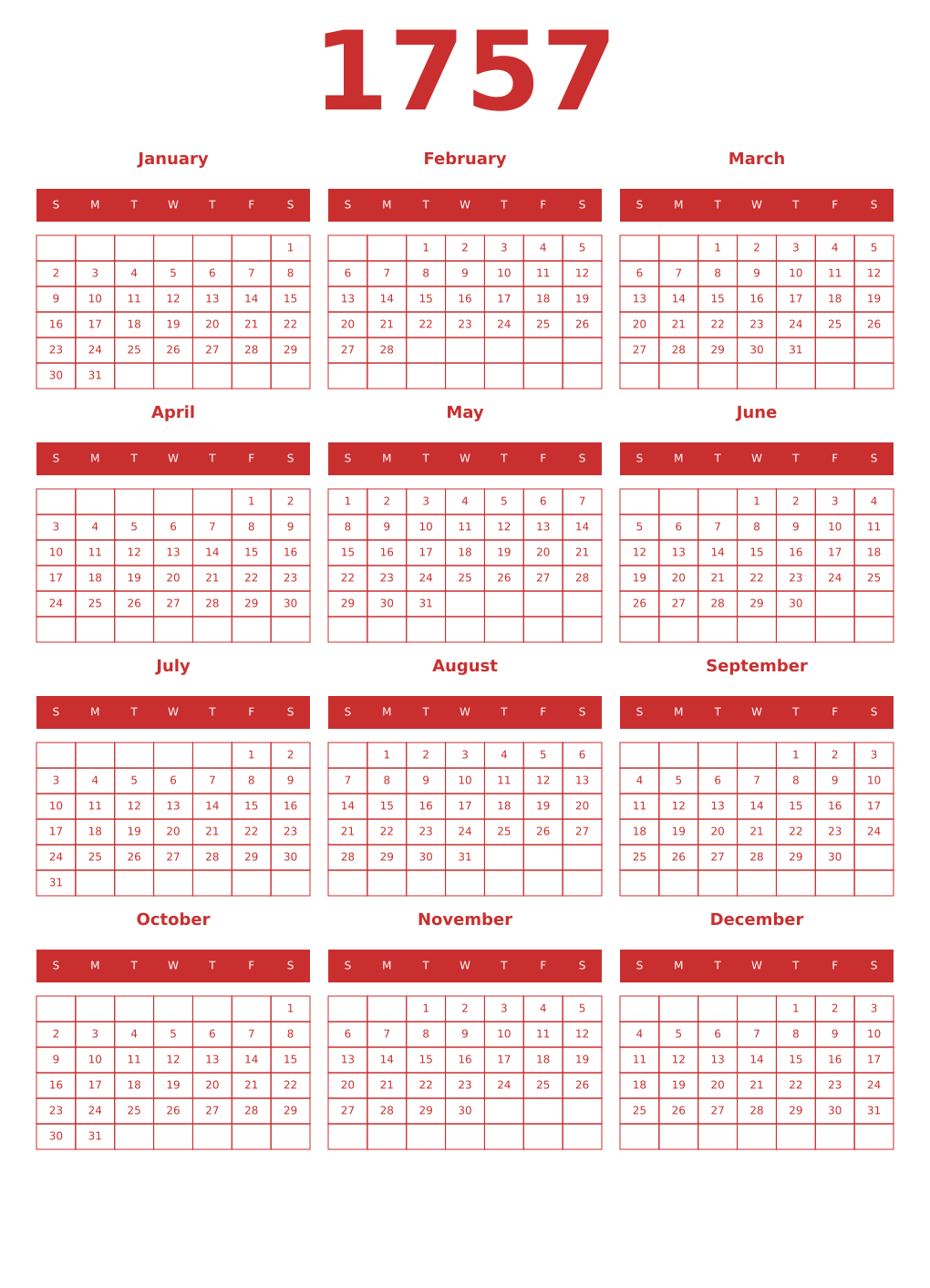 Printable 1757 Year Calendars red