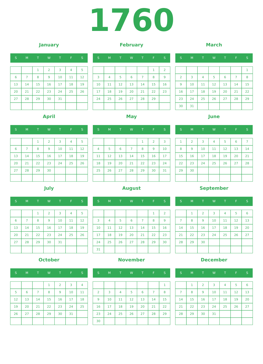 Printable 1760 Year Calendars green