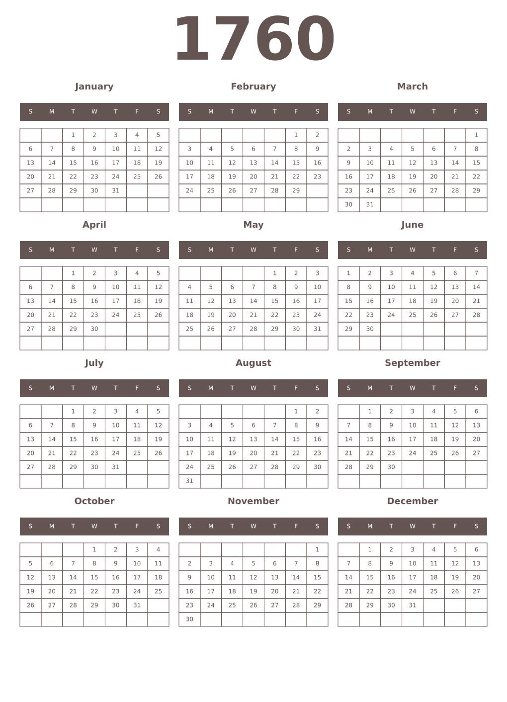 Printable 1760 Year Calendars wenge