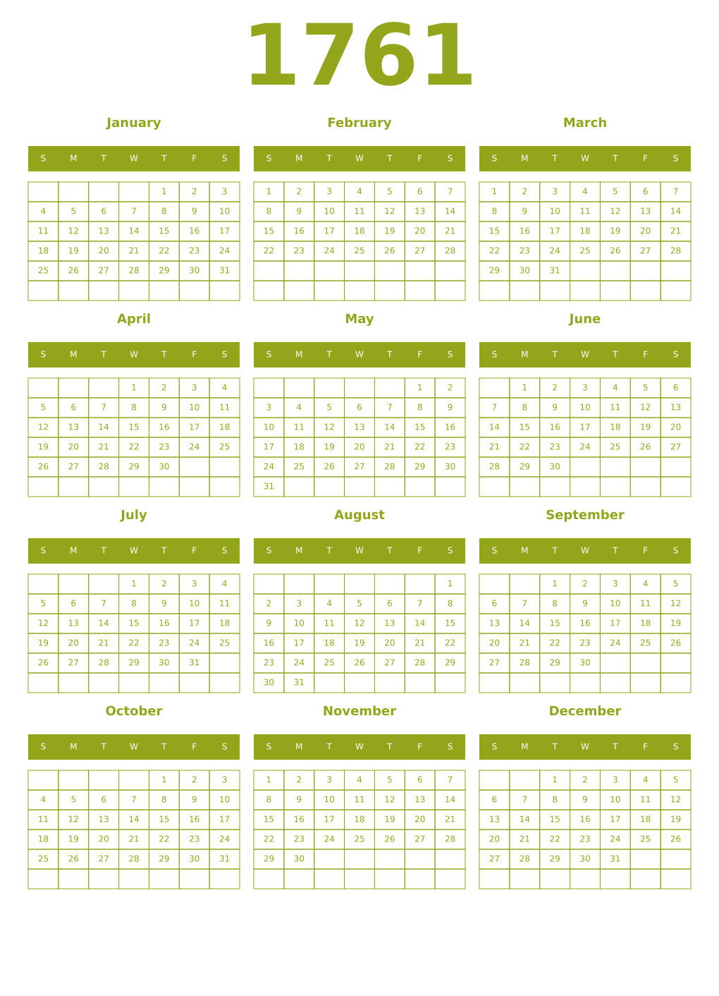 Printable 1761 Year Calendars chartreuse