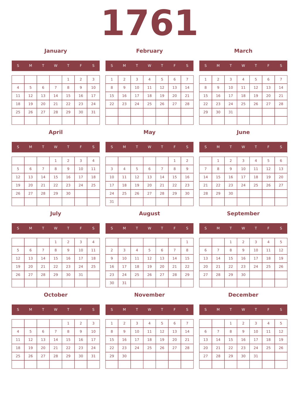 Printable 1761 Year Calendars cordovan