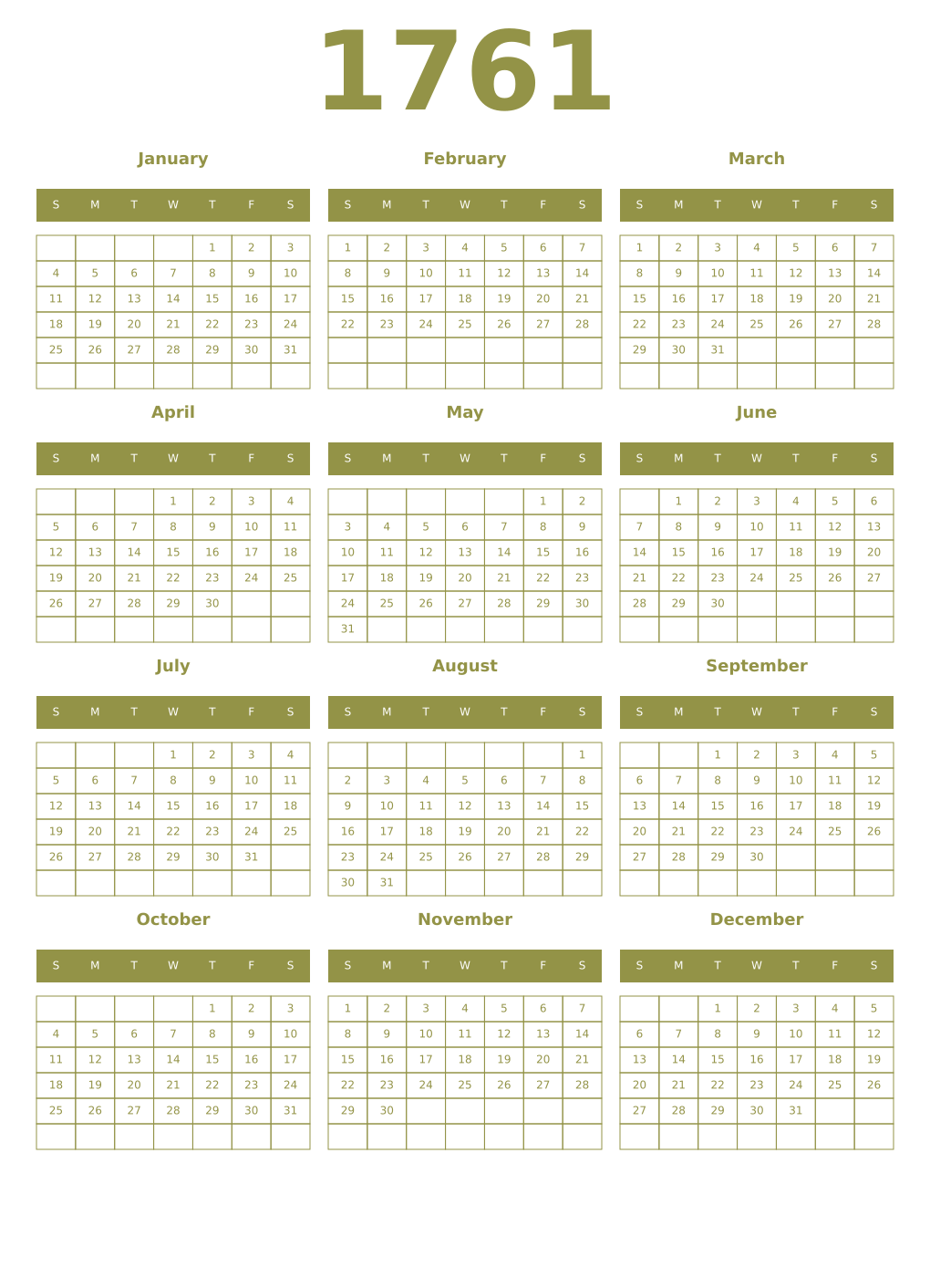 Printable 1761 Year Calendars eburnean