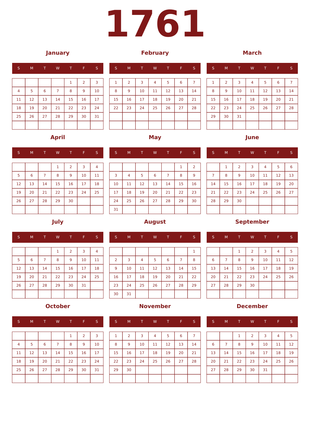 Printable 1761 Year Calendars falu