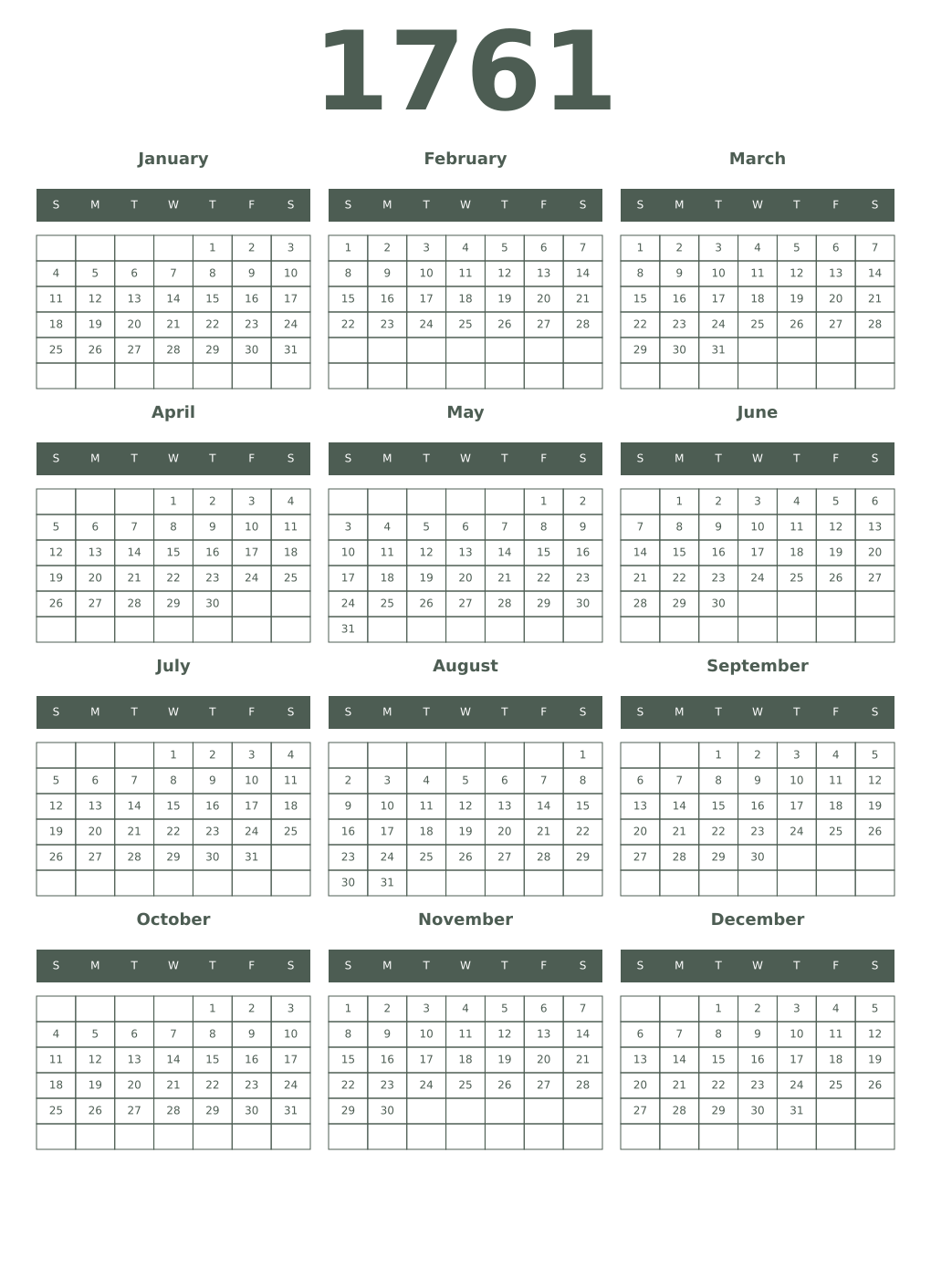 Printable 1761 Year Calendars feldgrau