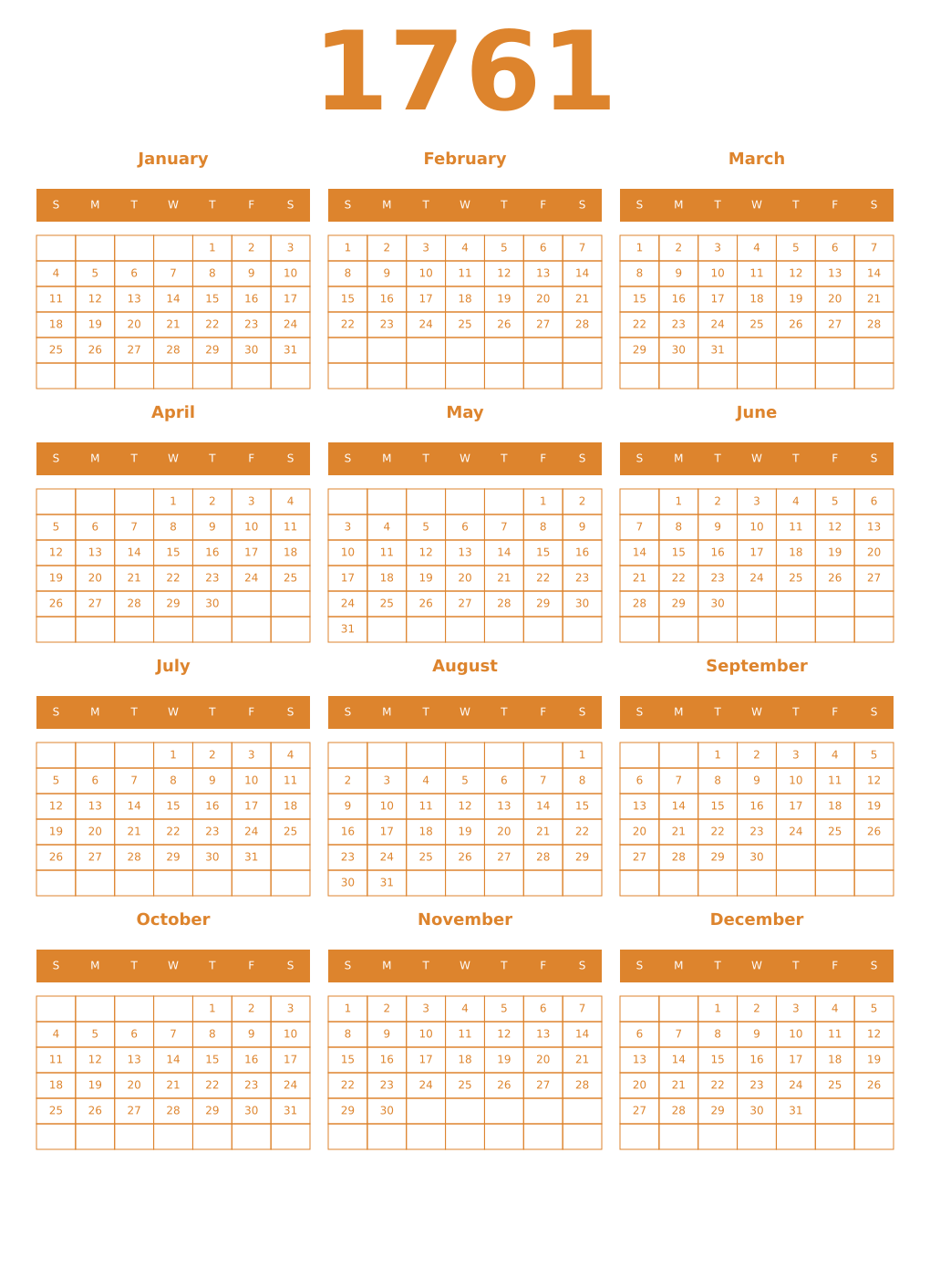 Printable 1761 Year Calendars orange