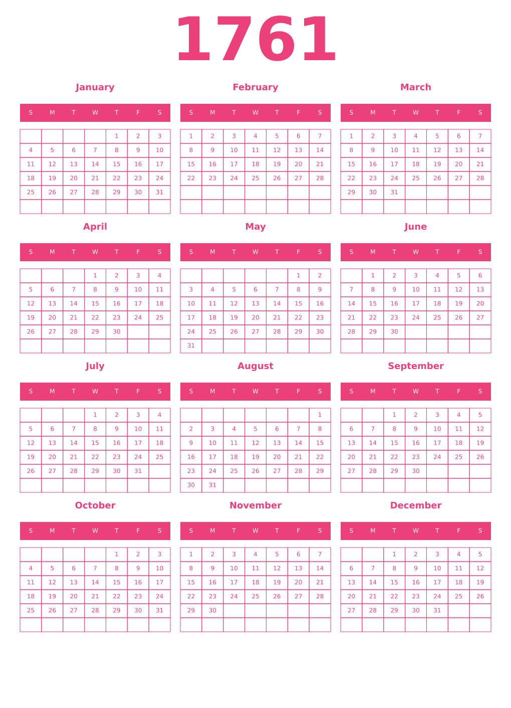 Printable 1761 Year Calendars pink