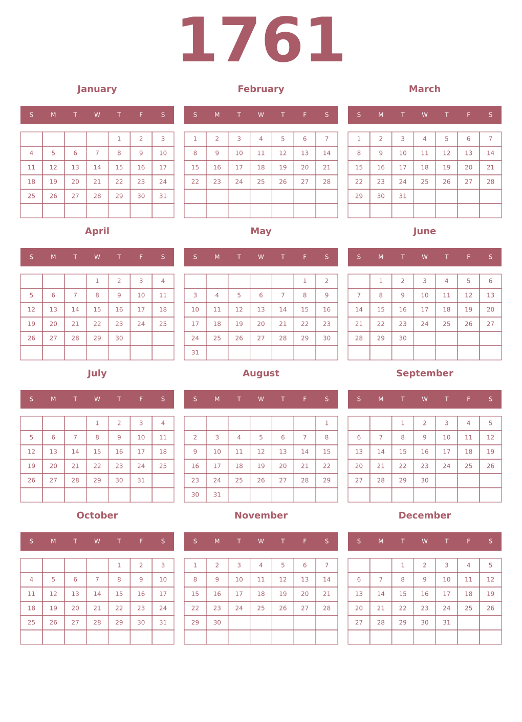 Printable 1761 Year Calendars puce