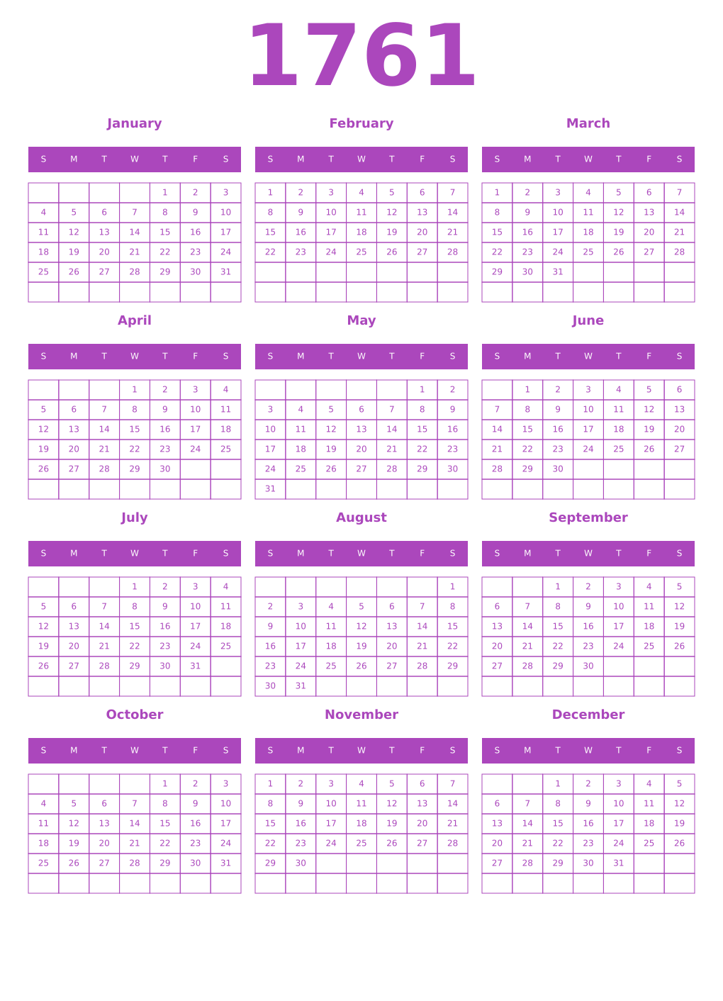 Printable 1761 Year Calendars purple